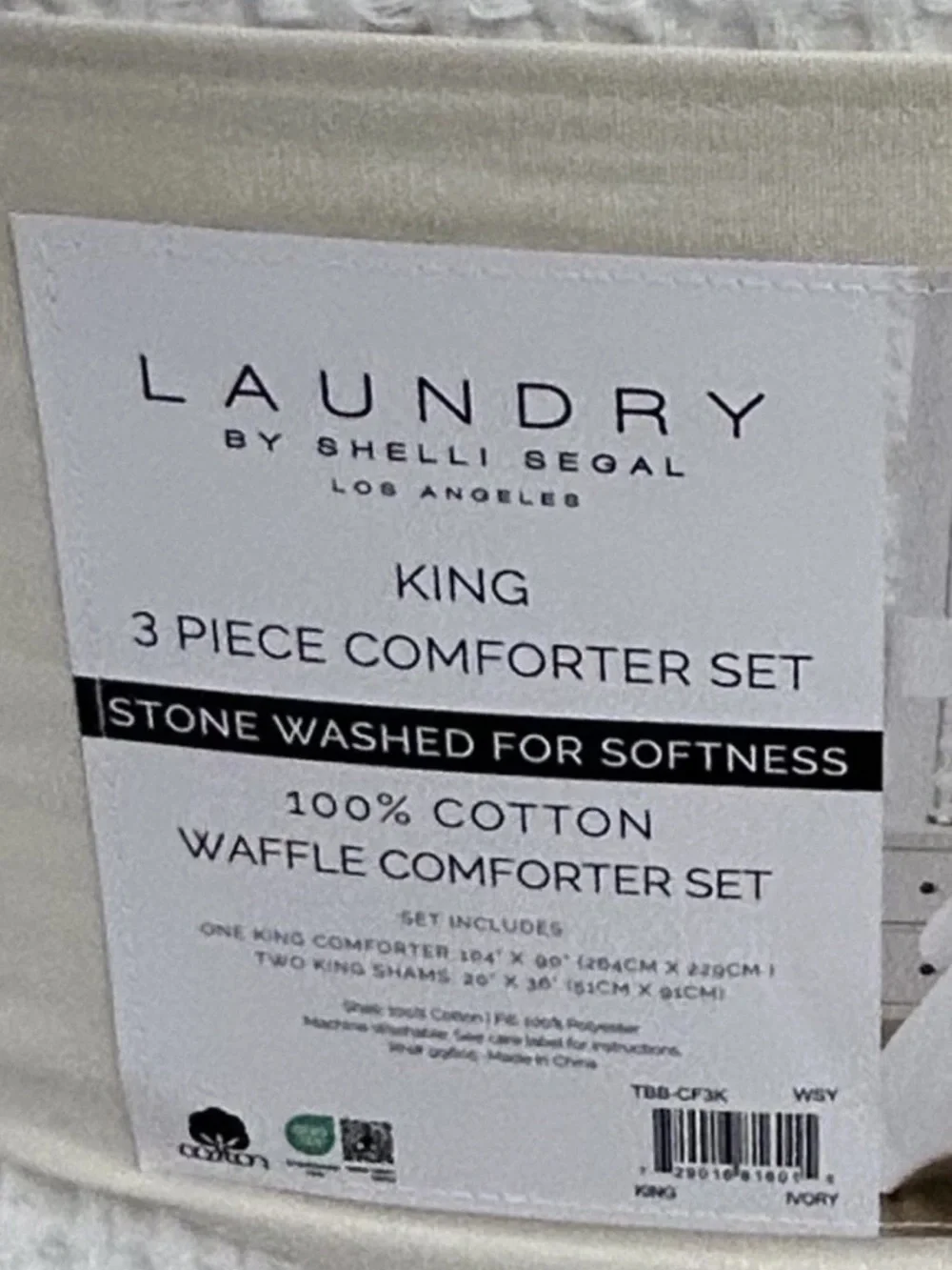 Laundry Shelli Segal King White Cotton Waffle Texture Comforter Set 104”x90”